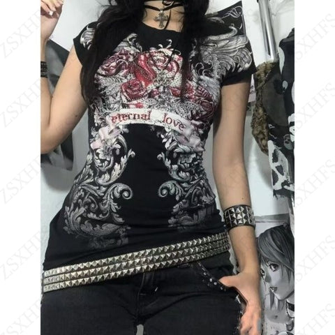 Sonicelife Punk Streetwear Women's T shirt Vintage Clothes 90s Slim Gothic Short sleeve Femme Graphic Tee Grunge Hip Hop Y2k Crop Top Emo