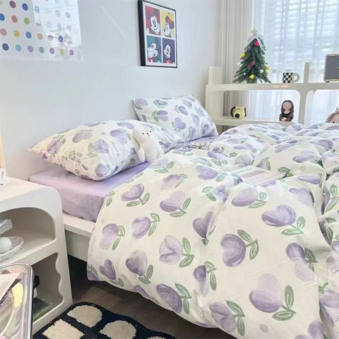 Sonicelife Floral Korean Style Duvet Cover Set No Filler Pillowcase Flat Sheet Twin Queen Size Boys Grils Romantic Bedding Kit