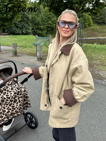Sonicelife Casual Patchwork Cargo Jacket Women Contrast Lapel Single Breasted Pocket Full Sleeve Coat 2024 Autumn Winter Lady Retro Outwear