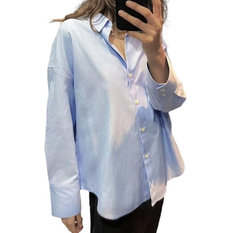 Sonicelife Women's Cotton Long Sleeved Shirt Single Breasted Solid Stripe Casual Oxford New