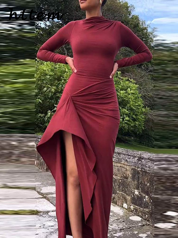 Sonicelife Elegant Ruched Long Party Dress Women Bodycon O-neck Full Sleeve Package Hip Female Dresses 2024 Autumn Lady Sexy Wine Red Robes