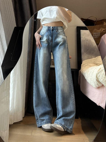 Sonicelife Y2K Harajuku Simple Washed Blue Straight Jeans Women Autumn Retro Streetwear Loose Casual Fashion High Waisted Wide Leg Pants