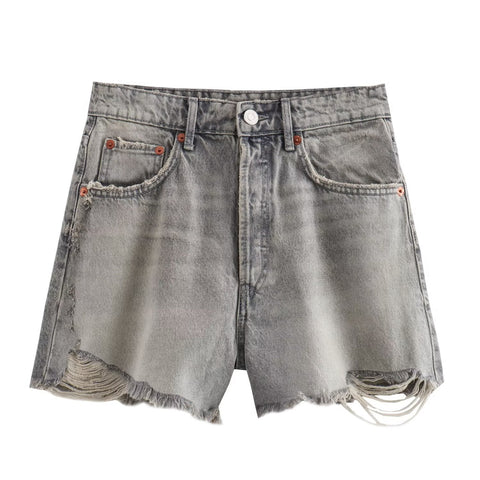 Sonicelife Women's New Shorts Fashionable Perforated Decoration High Waist Mini Ragged Edge Denim Shorts