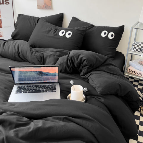 Sonicelife Ins Style Big Eyes Duvet Cover No Filling Double Mix Color Flat Sheet Pillowcases Washed Cotton Embroidery Queen Bedding Set