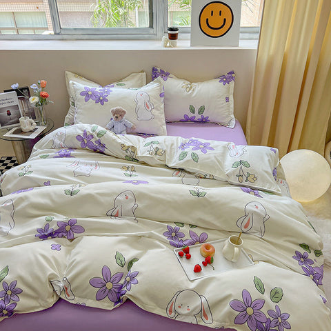 Sonicelife Garden Flowers And Cute Rabbit Pattern Duvet Cover Nordic Style Full Size Bedding Sets Queen Double For Girls Gift Pink