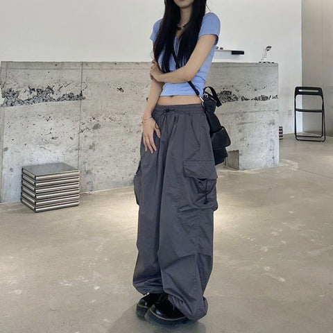 Sonicelife Hip Hop Women Cargo Pants Streetwear All Match Y2K Wide Leg Pants Korean Elastic Waist Sweatpants Female Chic Trousers