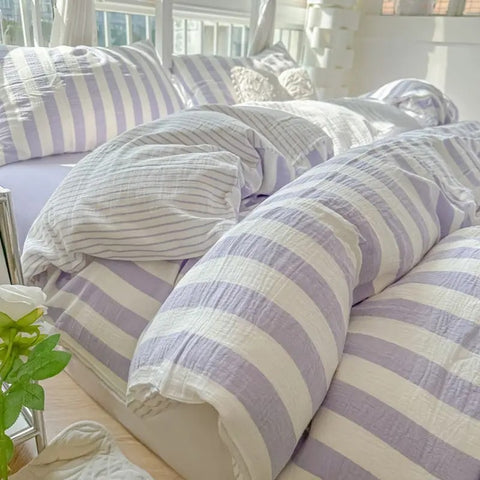 Sonicelife Ins Korean Style Duvet Cover Set Quilt Set Striped Bed Sheet Set For Girls Bedding Set For Bedroom