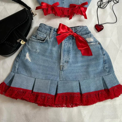 Sonicelife Y2K Knitted Splicing Short Skirt Two Piece Set Women Knitted Long Sleeved Sweater Cute Bow Mini Pleated Skirt Autumn Winter Suit