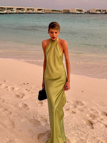 Sonicelife Elegant Green Satin Sleeveless Maxi Dress Chic Stand Neck Lace Up Backless Dresses New Female Summer Vacation Beach Vestido 2025