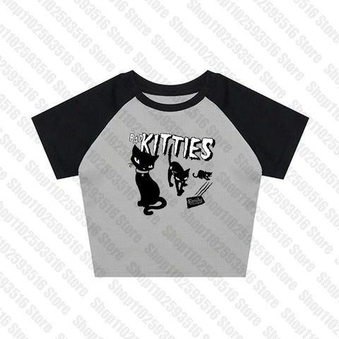 Sonicelife Y2K Grunge Cyber Goth Tee Vintage letter cat graphics Short Sleeve Crop Tops baby tees Kawaii Skater T-shirt Women Streetwear