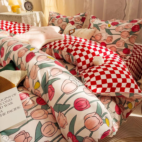 Sonicelife Floral Bedding Set Kawaii Rabbit Duvet Cover Flat Sheet Pillowcase Soft Bed Linens Single Full Dormitory Bedroom Home Textile