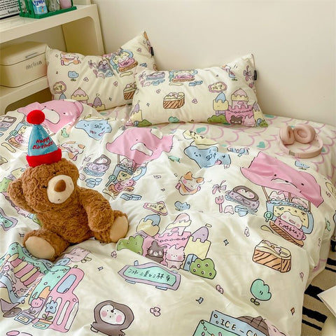 Sonicelife Cute Cartoon Bedding Set Ins Style Duvet Cover Without Comforter Pillowcases Flat Sheet New Arrival Soft Bed Linens