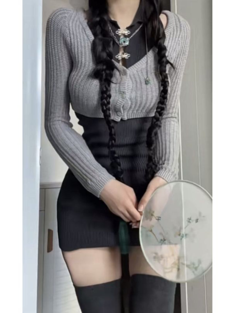 Sonicelife 2025 Autumn Sexy Bodycon Slim Dress Party Knitted Y2k Mini Dress Grey Casual Sweater Crop Tops Korean Fashion 2 Piece Dress Set