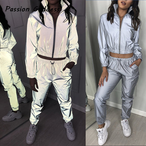 Sonicelife 2 Piece Women Reflective Tracksuits Sets Outfits Luminous Loose Drawstring Jackets High Waist Sweatpants Leisure Jogger Suit 3XL