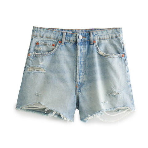 Sonicelife Women's New Shorts Fashionable Perforated Decoration High Waist Mini Ragged Edge Denim Shorts