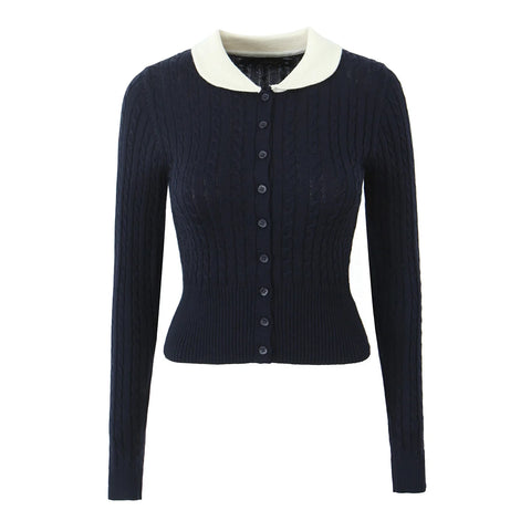 christmas outfit Sonicelife Women Contrast Color Lapel Collar Cable Twist Knitted Cardigan Center Buttons Sweater Full Sleeve Short Jumper Navy