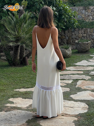 Sonicelife Fashion V Neck Hollow Out Ruffles Hem Midi Dress Elegant Backless Sleeveless Solid A-line Women's Dresses 2025 Summer Lady Robes