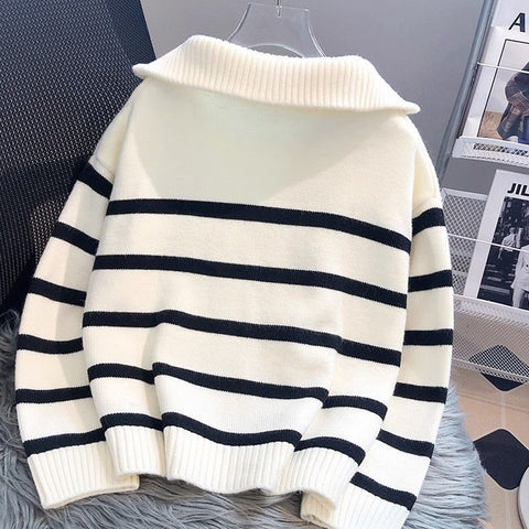 Black Friday Sonicelife Korean Striped Knit Pullover Women Half Zip Casual Loose Lazy Autumn Winter Jumpers Pretty Style Basic Warm Female Sweater