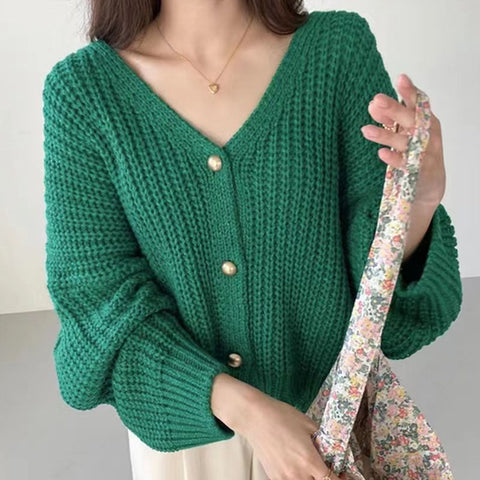 Sonicelife Lazy Wind Women Sweet Cardigan Korean Loose Long Sleeve Casual Knitted Coats Vintage V Neck Oversize Rose Color Cardigan