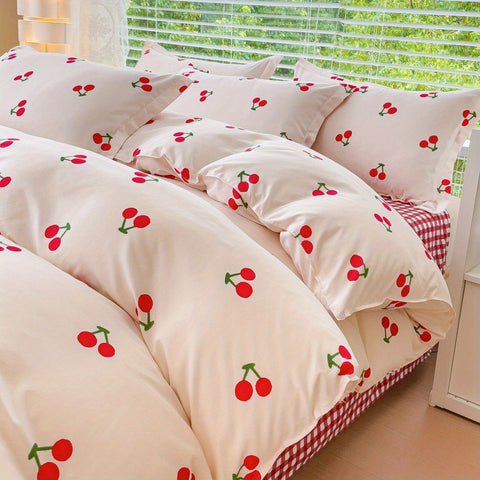 Sonicelife Korean Red Heart Bedding Set No Filler Twin Queen Duvet Cover Flat Sheet Pillowcase Girls Adults Fashion Floral Home Textile