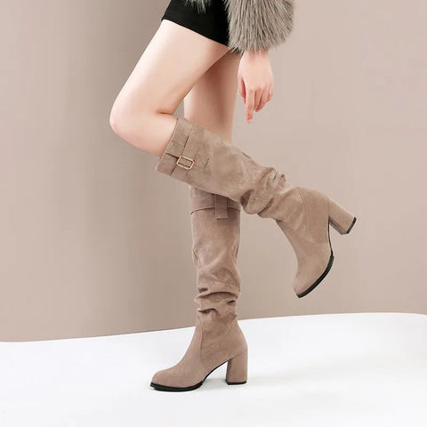 Sonicelife 2025 Pleated Western Cowboy Boots for Women Knee High Boots Winter Suede Leather Long Boots Pointed High Heels Casual Shoes