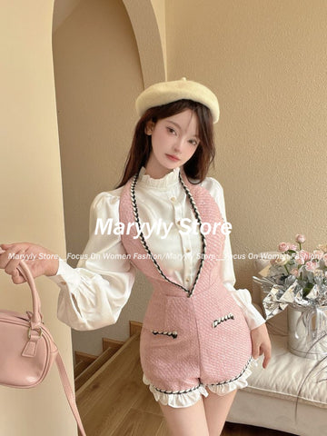 Sonicelife 2025 Autumn French Sweet Hot Girl Commuting Suit Women Halter Strap Shorts Ruffled Long Sleeve Shirt Elegant Slim 2 Piece Set
