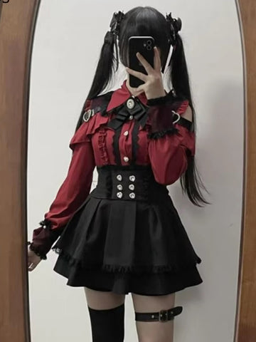 Sonicelife Japanese Black Short Skirt Set Women Sexy Lace Off Shoulder Lolita Shirt Gown Gothic Ruffles Mini Skirts Y2K Aesthetic Suit