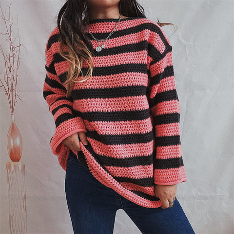 Black Friday Sonicelife Casual Knitted Striped Sweaters Women Vintage Loose Long Sleeve Pullover Sweater Female Autumn Thick Soft Versatile Knitwear