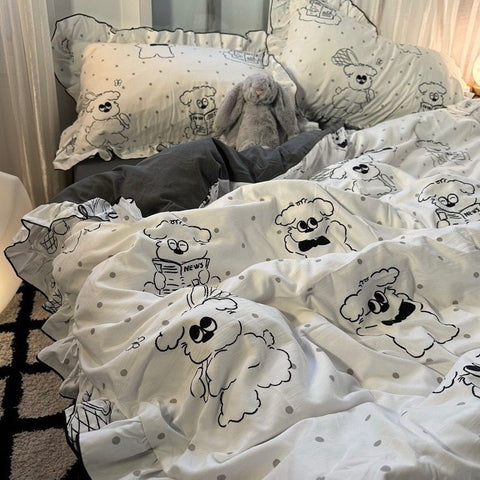 Sonicelife Korean Style Ink Butterfly Bedding Set Summer Ice Silk Cool 4pcs Bed Sheet Set Duvet Cover 2 Pillowcases For Girls
