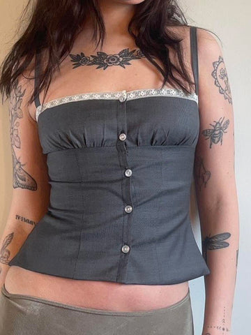 Sonicelife Dark Academia Y2k Camis Women Gothic Cyber Punk Streetwear Lace Patchwork Crop Tank Tops Emo Alternative Grunge Outfits