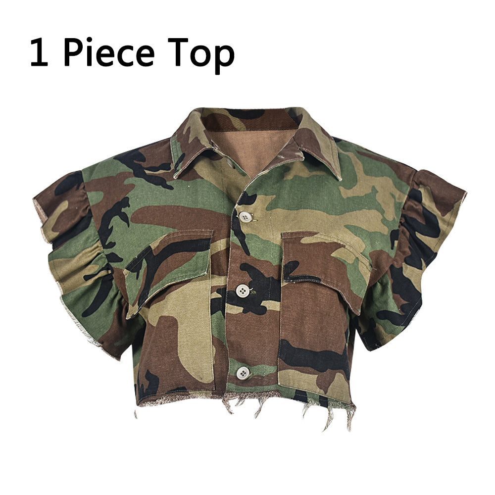 Sonicelife Women 2 Piece Camouflage Shirts Skirts Sets Single breasted Ruffles Crop Shirts Camo Cargo Pocket Long Skirts Two Piece Outfits