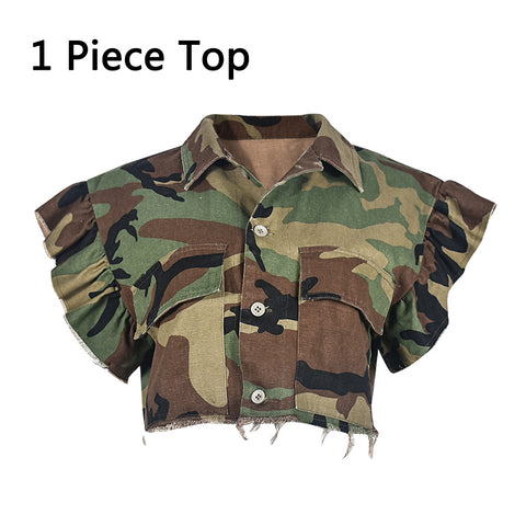 Sonicelife Women 2 Piece Camouflage Shirts Skirts Sets Single breasted Ruffles Crop Shirts Camo Cargo Pocket Long Skirts Two Piece Outfits