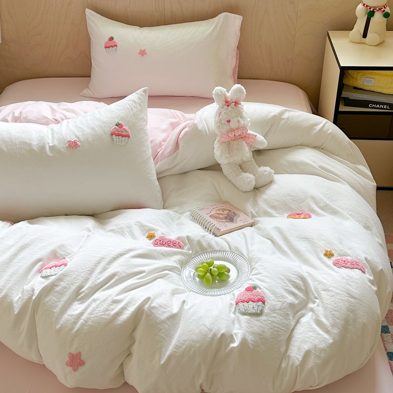 Sonicelife Ins Cartoon Cute Towel Embroidery Washed Cotton Four-Piece Set Quilt Cover Set Bed Sheet Three-Piece Set Bedding Set