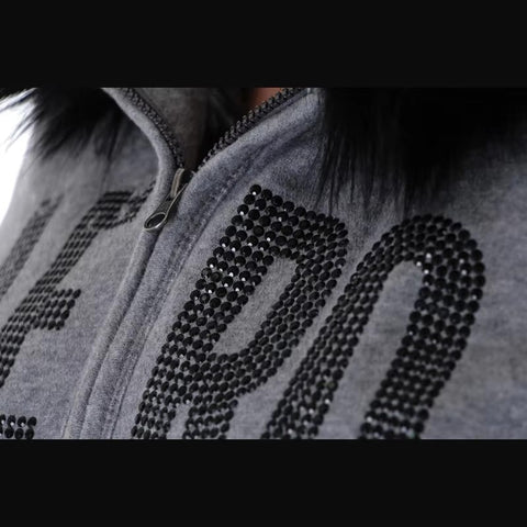 Sonicelife Y2K Winter Short Fashion Loose Letter Printing Streetwear Hoodie Zipper Pocket Grey Pure Colour Outerwear Fashion Punk Hiphop