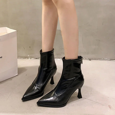 Sonicelife 2025  Women Slim Ankle Boots Fashion Elegant Pointed Toe Soft Leather Shoes Thin High Heel Autumn Winter  Morder Short Booties