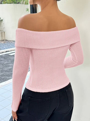 christmas outfit Sonicelife Long Sleeves Skinny Pleated Solid Color Split-Joint Off-The-Shoulder Sweater Tops