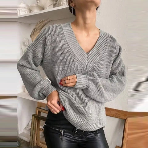 Black Friday Sonicelife Casual Knitted V-neck Sweaters Women Vintage Loose Solid Thin Pullover Sweater Female Autumn Soft Chic Daily Street Outwear