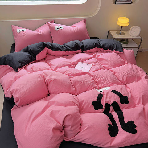 Sonicelife Pink Big Eye Embroidery Bedding Sets Ins Korean Style Washing Cotton Cute Duvet Cover Bed Sheet Set Pillowcases 3/4pcs