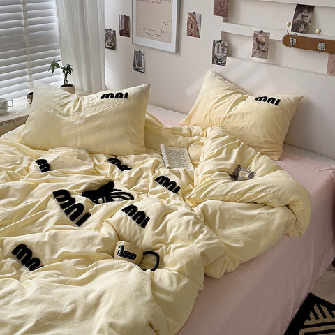 Sonicelife Ins Nordic Letter Butterfly Duvet Cover Set Quilt Set Bed Sheet Set Home Luxury Yellow Embroidery Bedding Set Bed Sheets
