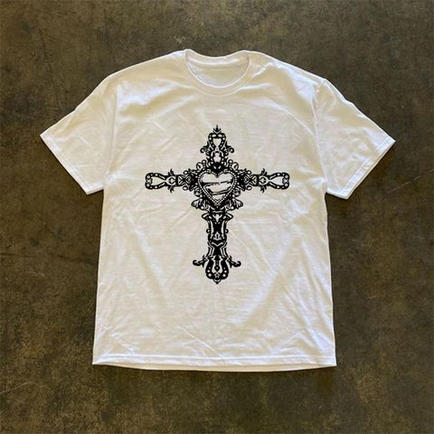 Sonicelife Cross print top pure cotton casual grunge punk rock aesthetic Y2K top streetwear hip hop harajuku retro fashion chic women's top