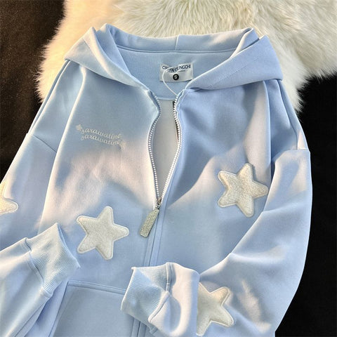 Sonicelife Streetwear Embroidery Star Hoodie Women Clothing Thicked Zipper Hooded Jackets Y2k Tops Casual Fashion Vintage Sweatshirts Coat