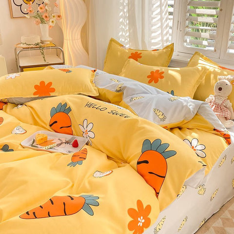 Sonicelife Spring Bedding Set Fashion Cartoon Kids Single Double Queen Size Flat Sheet Duvet Cover Pillowcase Bed Linens Home Textile