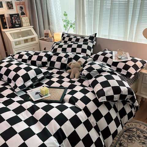 Sonicelife Checkerboard Bedding Set No Comforter Quilt Duvet Cover Pillowcase Flat Sheet Single Queen Size Polyester Bedclothes