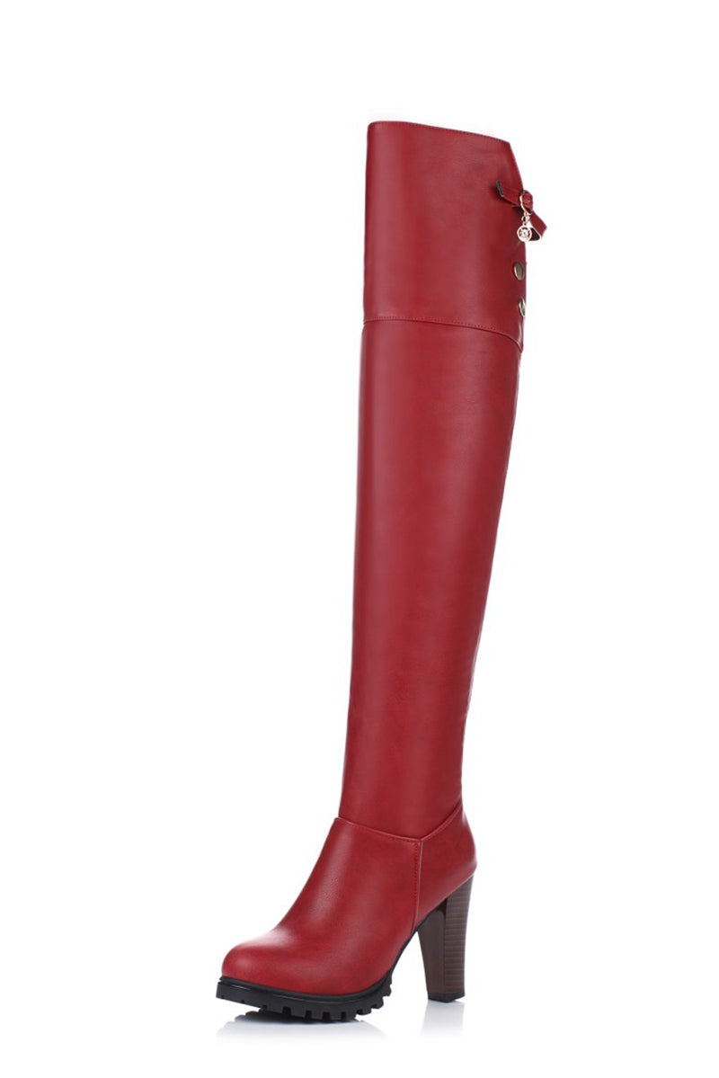 thanksgiving outfit Sonicelife Over-Knee High Boots Round Toe Block Heel TPU Outsole Charm Size 33-45 Mature Red S2675