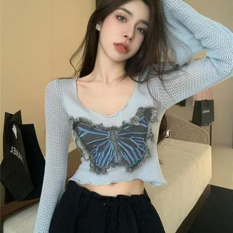 Black Friday Sonicelife Butterfly Denim Patchwork Sweater Women Jazz V-Neck Flare Sleeve Hollow Out Knitted Pullover Hot Slim Sexy Cropped Tops