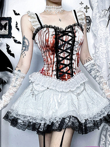 Sonicelife Halloween Dark Gothic Camis Women Streetwear Sexy Cyber Punk Y2k Grunge Blood Red Printed Lace Patchwork Crop Tank Tops