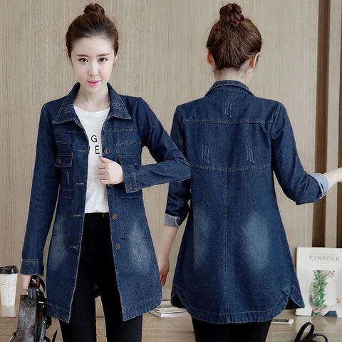 Sonicelife 2025 New Autumn Winter Korean Denim Jacket Women Slim Long Base Coat Women's Frayed Navy Blue Casual Female Jeans Jackets Coats