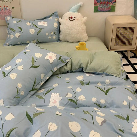 Sonicelife Kawaii Bedding Set Kids Adult Flat Sheet Duvet Cover Pillowcase Single Double Full Size Bed Linen Floral Cherry Home Textile