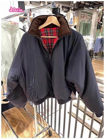 Sonicelife 2025 Double-sided Cotton Coats Autumn Winter Jacket Y2k American Vintage Loose Women Coat Stand Collar Warm Zipper Outerwear
