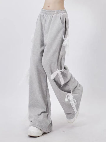 Sonicelife Women's Grey Lace Lace-up Pants Vintage Y2k Harajuku 90s Aesthetic Sweatpants Retro High Waist Wide Trousers 2000s Clothes 2025
